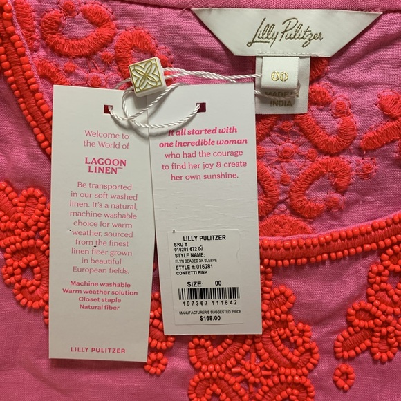 NWT Lilly Pulitzer Elyn Beaded 3/4 Sleeve Linen Top Women's 00 - Picture 5 of 10